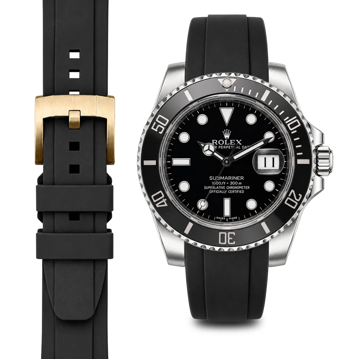 Curved End Rubber Strap for Rolex Submariner Ceramic with Tang Buckle - Image 10
