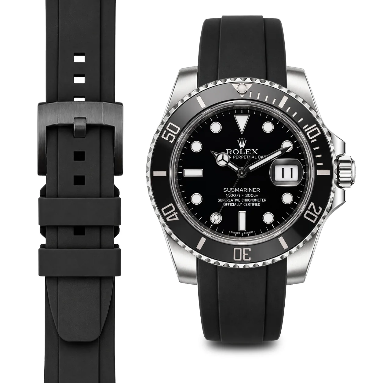 Curved End Rubber Strap for Rolex Submariner Ceramic with Tang Buckle - Image 6